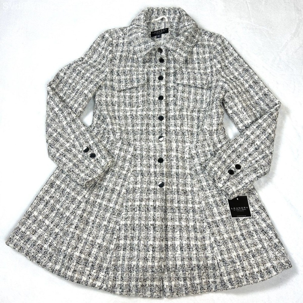 Laundry by Shelli Segal Women's Ivory Black Tweed Peplum Flare Coat NWT Sz S